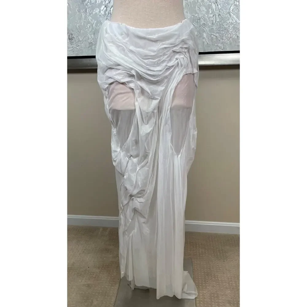 DI PETSA Long Sheer Wet Look High low Draped White Iridescent Maxi Skirt Sz L - Picture 3 of 8